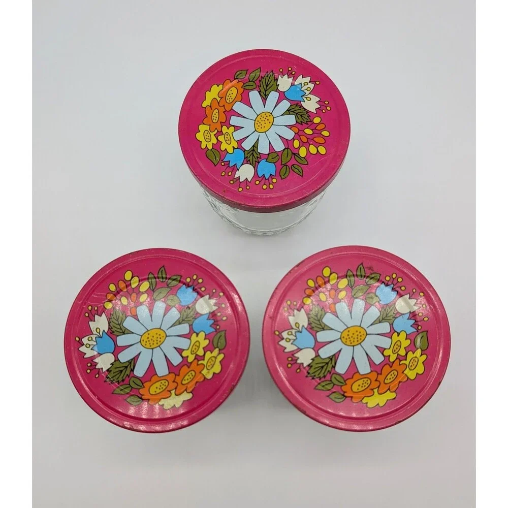 3 BALL Quilted Crystal Glass Jars W/Tin Snap-On Lid Pink Flower MOD Retro
